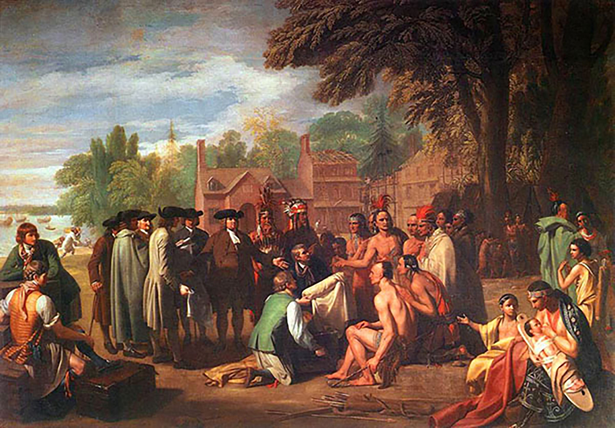 Painting of Colonists and Indigenous people gathered
