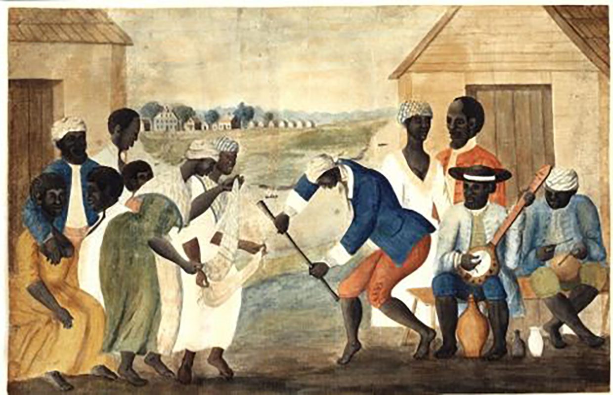 Painting of enslaved people during a moment of leisure on the plantation.