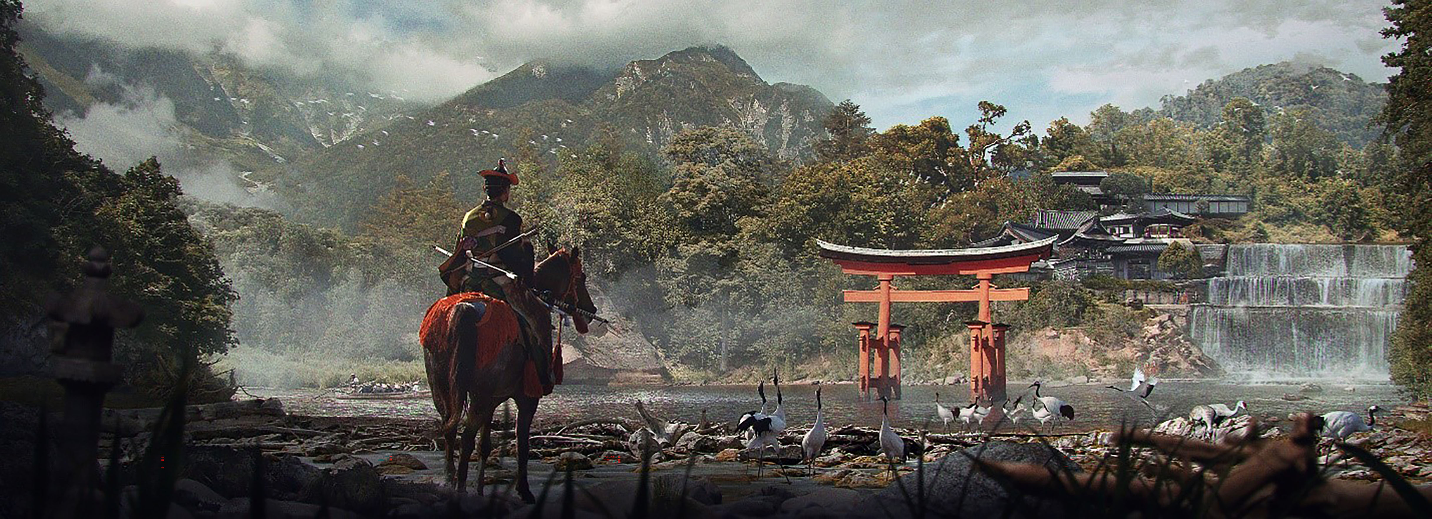A samurai on a horse, depicted from the back as he views a lake with birds congregating around a temple in the mountains.