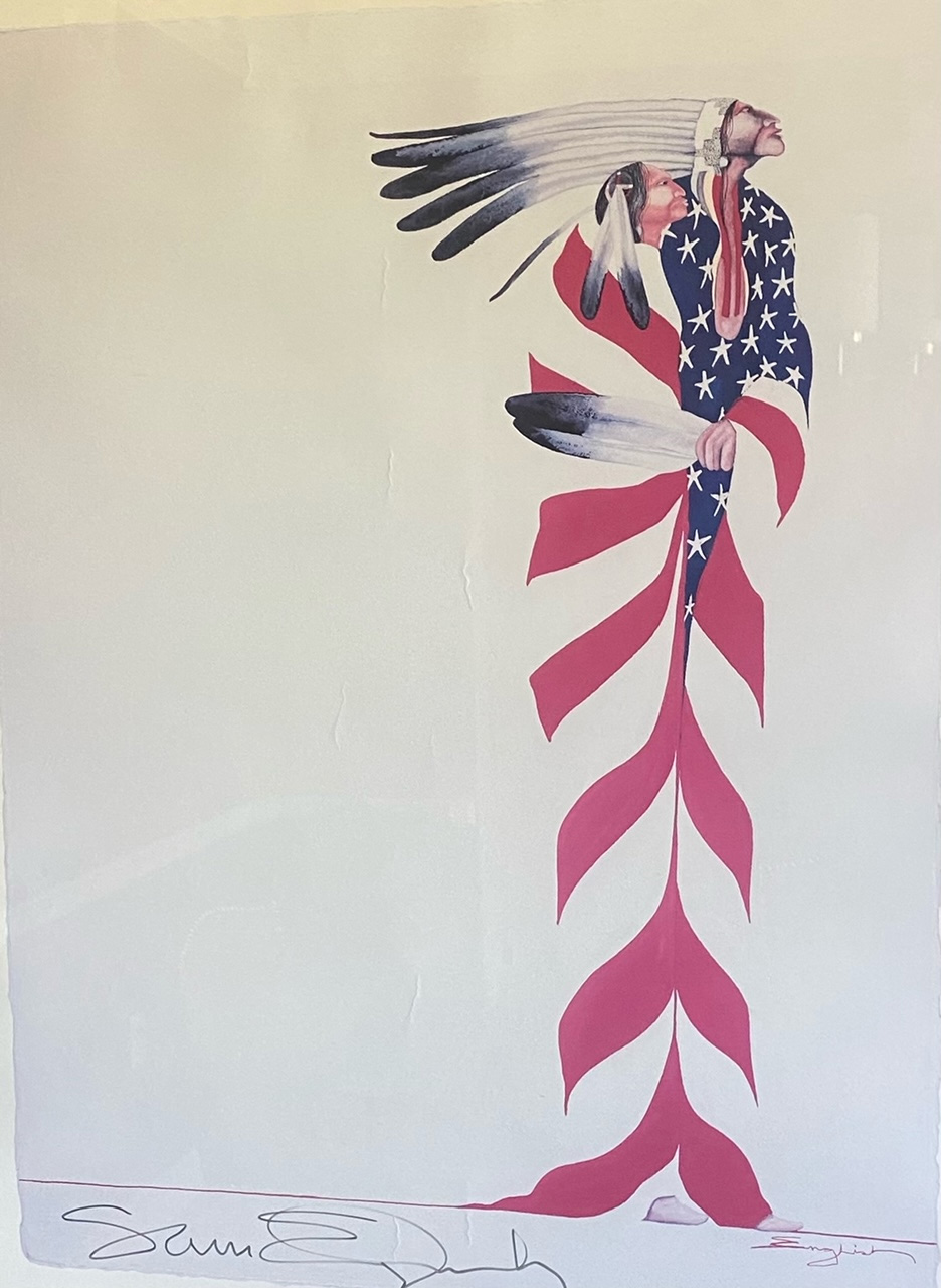 Profile of two indigenous peoples cloaked in an american flag