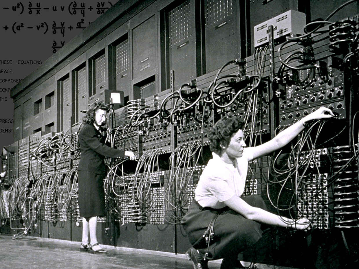 Black and White Image depicting two women working a switchboard