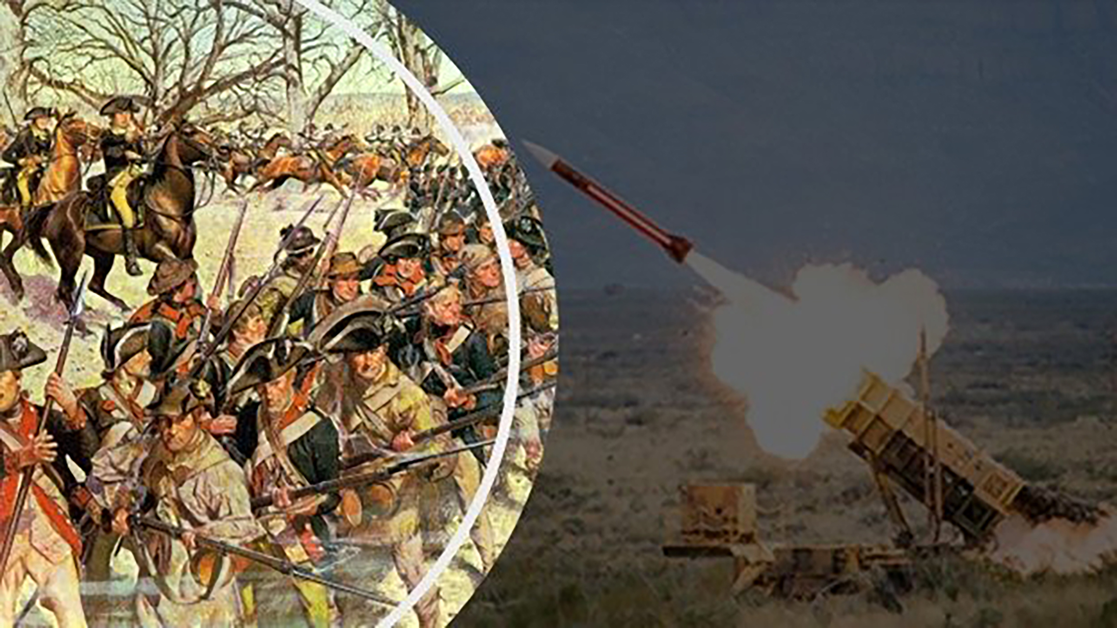 Dual Image of soldiers with muskets next to a modern image of a rocket firing