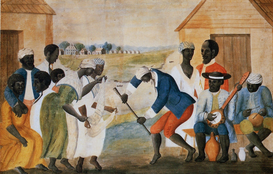 Painting of enslaved people during a moment of leisure on the plantation.
