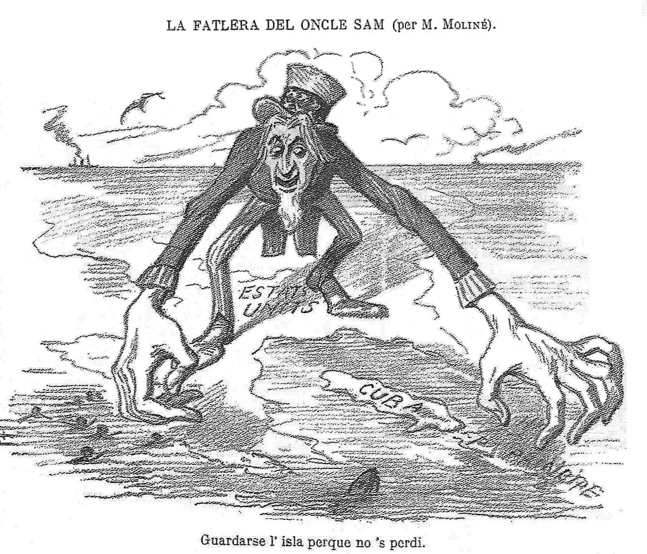 an satirical image of uncle sam standing over the united states scooping up cuban missles in the sea