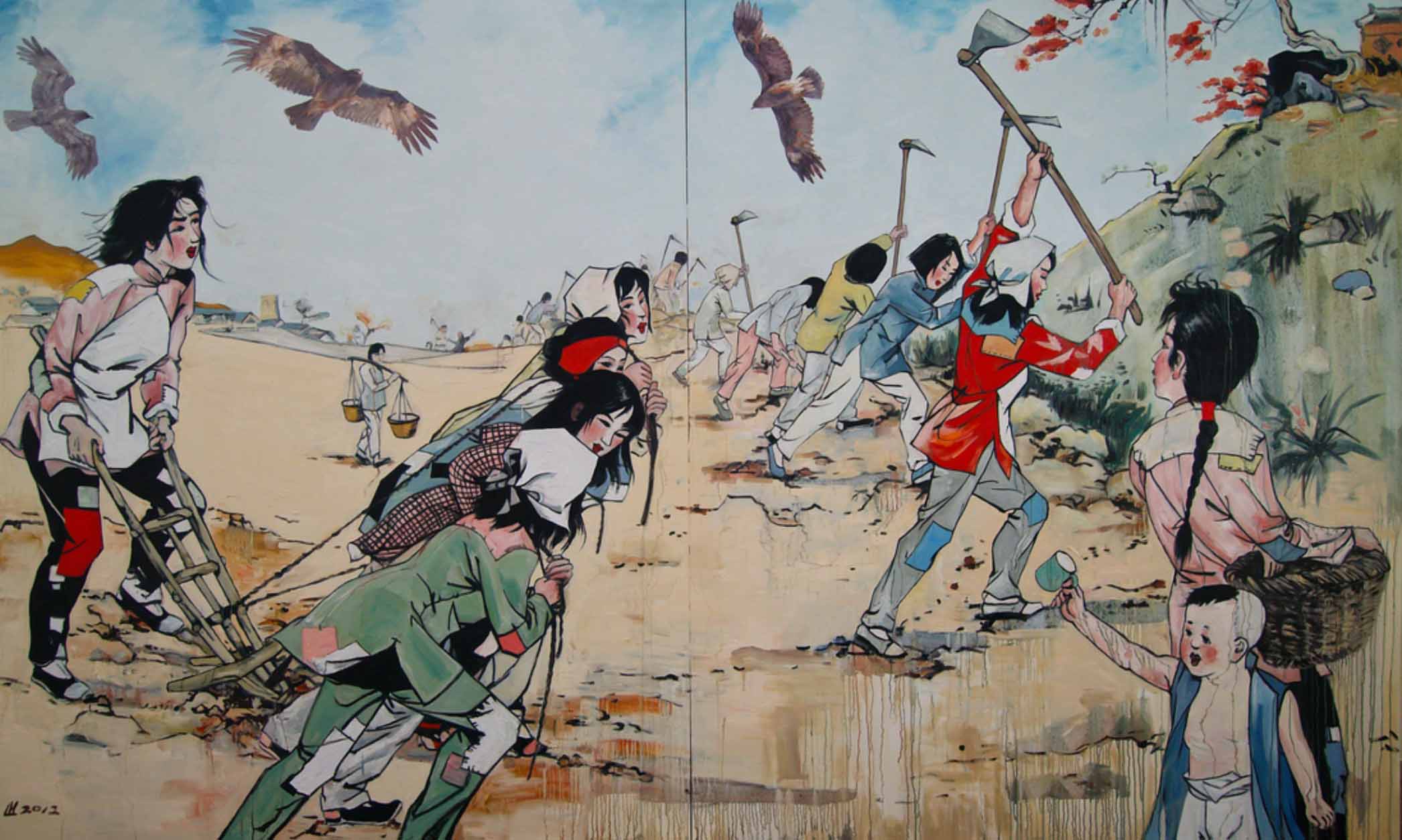 an illustration of people working in a field, The Heroines, 2012, oil on canvas, 96 x 160. Oakland Museum of California.