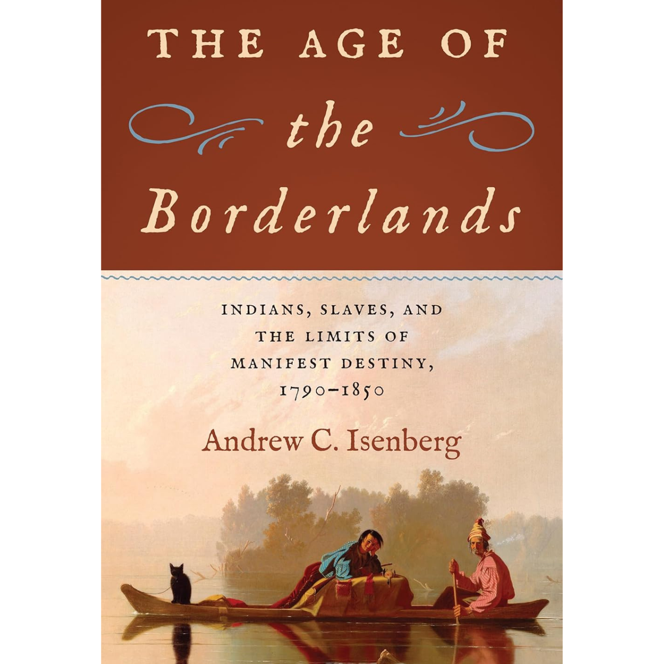 A book cover depicting a boat with two indigenous peoples and a little black cat. 