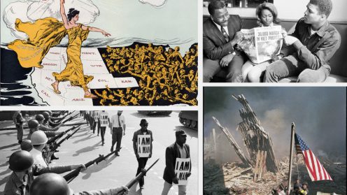 a collage depicting various scenes from social rights movements, soldiers pointing their guns at people holding "I am a man signs", the smoky rubble of 9/11 with an american flag, and three people showing the cover a newspaper that depicts coverage of Vietnam pretests. 