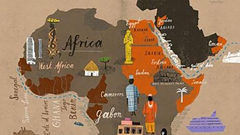 An illustrated map of Africa dividing the continent by icons.