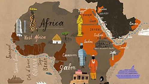An illustrated map of Africa dividing the continent by icons. 