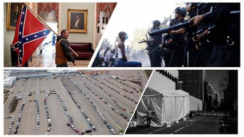 a collage of images depicting a white man in the US Capitol with a confederate flag on January 6th. A black woman wearing a mask kneeling in front of police on the front lines of a protest. Covid testing tents with a line of cars snaked around waiting to get tested for the virus.