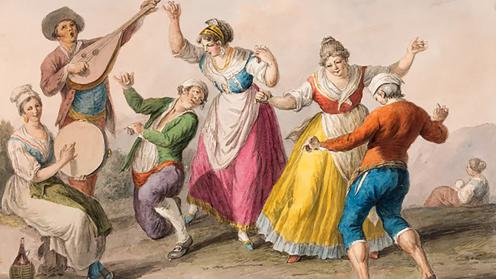 18th Century Painting of dancing figures wearing pastel clothing
