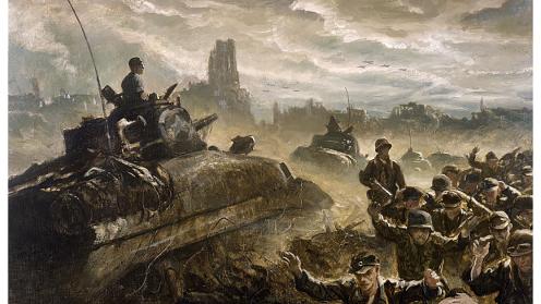 Painting of a line of tanks headed into the distance. The foreground depicts troops surrendering. 
