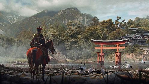 A samurai on a horse, depicted from the back as he views a lake with birds congregating around a temple in the mountains. 