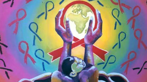 Painting of hands holding the world within a symbol of peace 