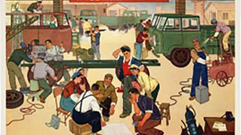 a painting depicting a work place where trucks and ladders fade into the background.