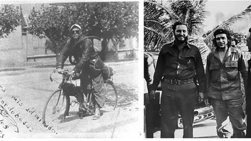 Black and white images depicting Che Guevara riding a motorcycle and another with Fidel Castro as they walk towards the camera. 