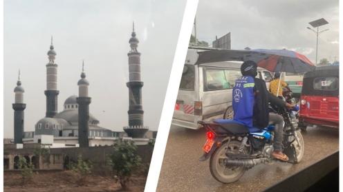 Images of a mosque and a man on a motorbike with an improvised umbrella as a rain shield!  