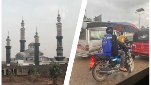Images of a mosque and a man on a motorbike with an improvised umbrella as a rain shield!