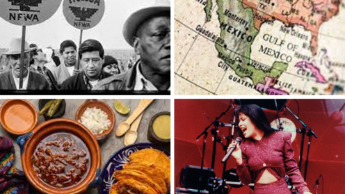 A collage of mexican labor workers, a map of the world zoomed in on mexico, an aerial view displaying traditional mexican cuisine, and an image of Selena wearing a fuchsia sparkly suit while she sings into a a micraphone. 