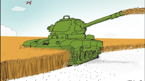 a cartoon image of a tank in the snow mowing down wheat 