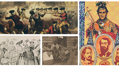 a collage the depicts revolutionary war scenes of red coats shooting revolutionists and images of indigenous Americans with presidents in the foreground