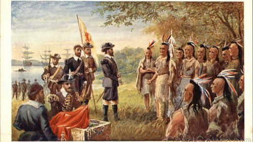 a painting depicting english colonists and indigenous people meeting at jamestown in 1607
