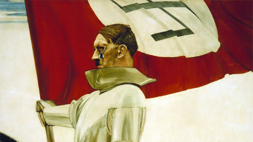 an image of hitler crying, wearing a suit of armour, atop a horse, holding a nazi flag